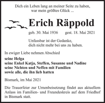 Traueranzeige von Erich Räppold  von Magdeburger Volksstimme