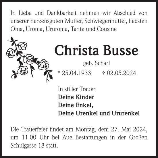 Traueranzeige von Christa Busse von Volksstimme Magdeburg