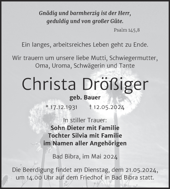 Traueranzeige von Christa Drößiger von Naumburger Tageblatt