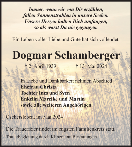 Traueranzeige von Dogmar Schamberger von Volksstimme Oschersleben/Wanzleben
