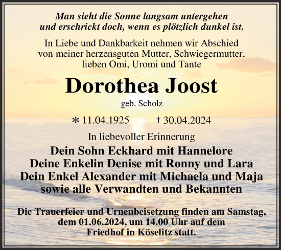 Traueranzeige von Dorothea Joost von Trauerkombi Wittenberg