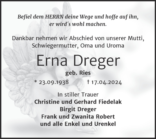 Traueranzeige von Erna Dreger von Mitteldeutsche Zeitung Halle/Saalkreis