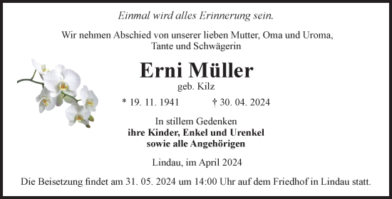 Traueranzeige von Erni Müller von Volksstimme Zerbst