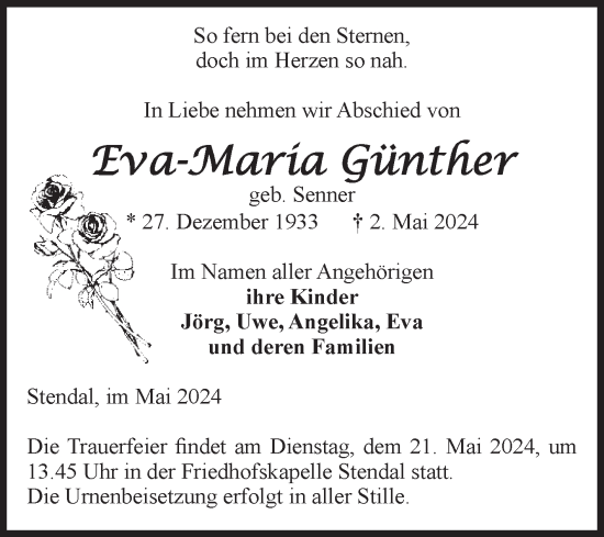 Traueranzeige von Eva-Maria Günther von Volksstimme Altmark Ost