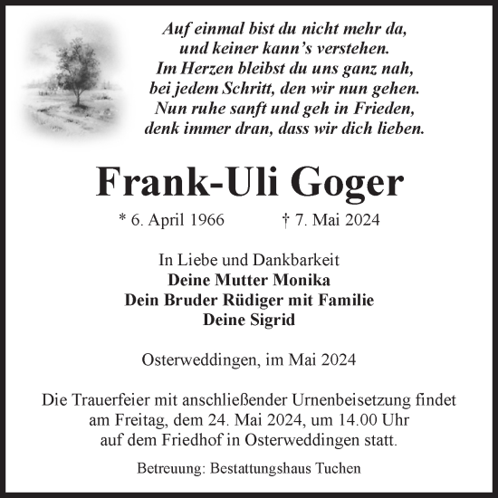 Traueranzeige von Frank-Uli Goger von Volksstimme Oschersleben/Wanzleben