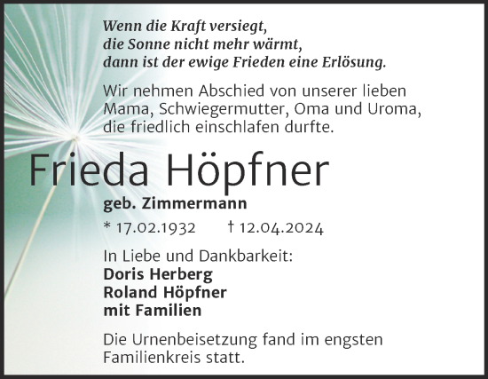 Traueranzeige von Frieda Höpfner von Mitteldeutsche Zeitung Halle/Saalkreis