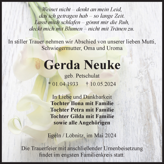 Traueranzeige von Gerda Neuke von Volksstimme Staßfurt