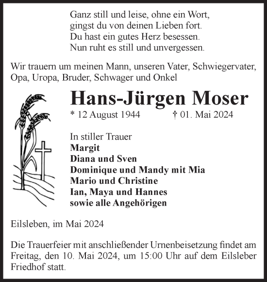 Traueranzeige von Hans-Jürgen Moser von Volksstimme Oschersleben/Wanzleben