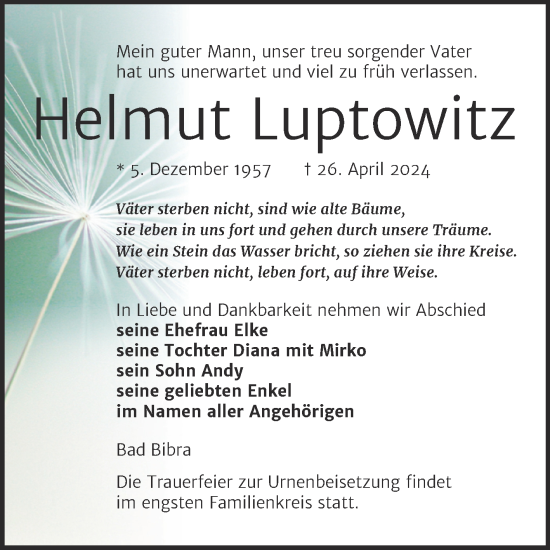 Traueranzeige von Helmut Luptowitz von Super Sonntag Naumburg/Nebra