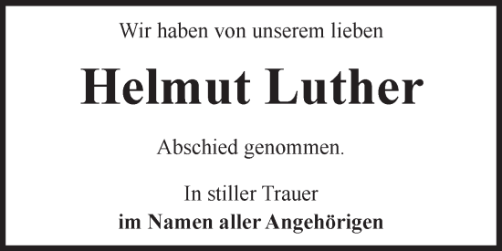 Traueranzeige von Helmut Luther von Volksstimme Zerbst