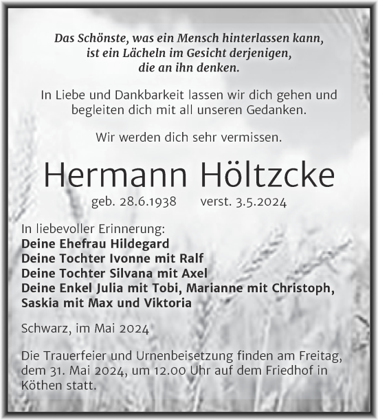 Traueranzeige von Hermann Höltzcke von Volksstimme Schönebeck