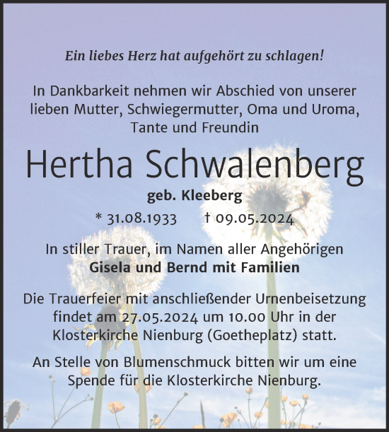 Traueranzeige von Hertha Schwalenberg von Trauerkombi Bernburg