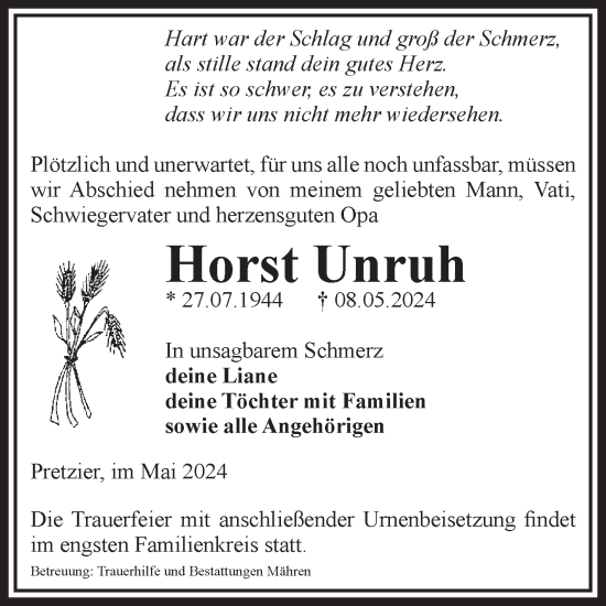 Traueranzeige von Horst Unruh von Volksstimme Altmark West