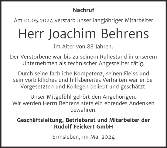 Traueranzeige von Joachim Behrens von Mitteldeutsche Zeitung Aschersleben