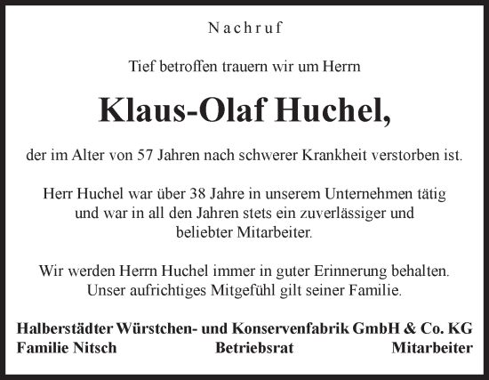 Traueranzeige von Klaus-Olaf Huchel von Volksstimme Halberstadt