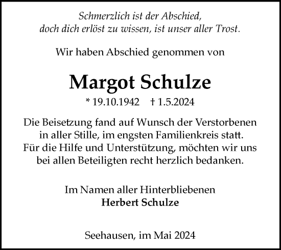 Traueranzeige von Margot Schulze von Volksstimme Altmark Ost