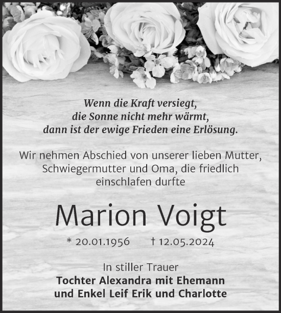 Traueranzeige von Marion Voigt von Trauerkombi Wittenberg