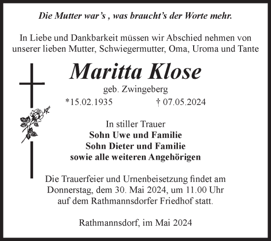 Traueranzeige von Maritta Klose von Volksstimme Staßfurt