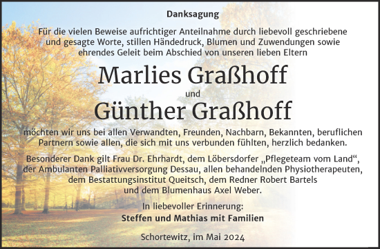 Traueranzeige von Marlies und Günther Graßhoff von Trauerkombi Köthen