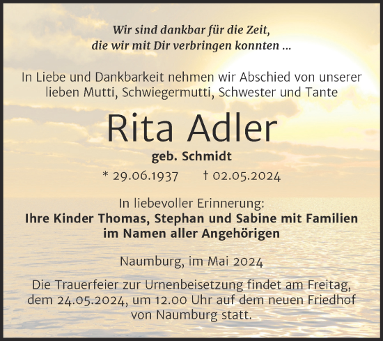 Traueranzeige von Rita Adler von Naumburger Tageblatt