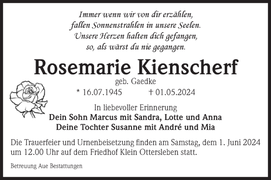 Traueranzeige von Rosemarie Kienscherf von Volksstimme Magdeburg