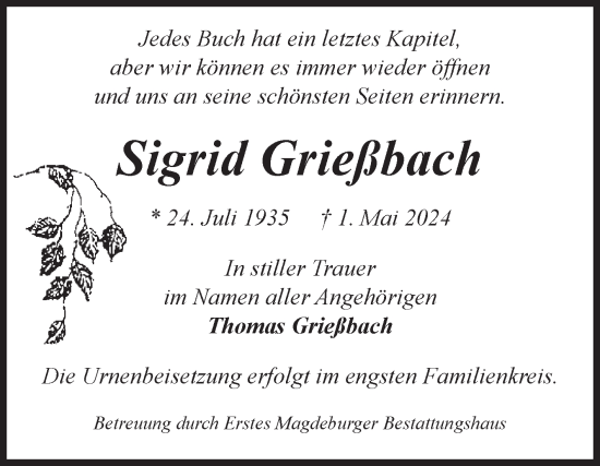 Traueranzeige von Sigrid Grießbach von Volksstimme Magdeburg