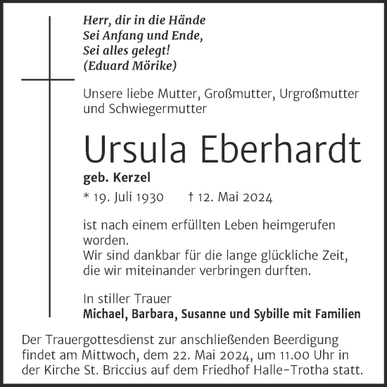 Traueranzeige von Ursula Eberhardt von Mitteldeutsche Zeitung Halle/Saalkreis