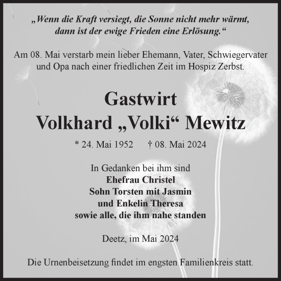 Traueranzeige von Volkhard Mewitz von Volksstimme Zerbst