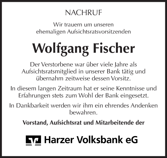Traueranzeige von Wolfgang Fischer von Mitteldeutsche Zeitung Quedlingburg
