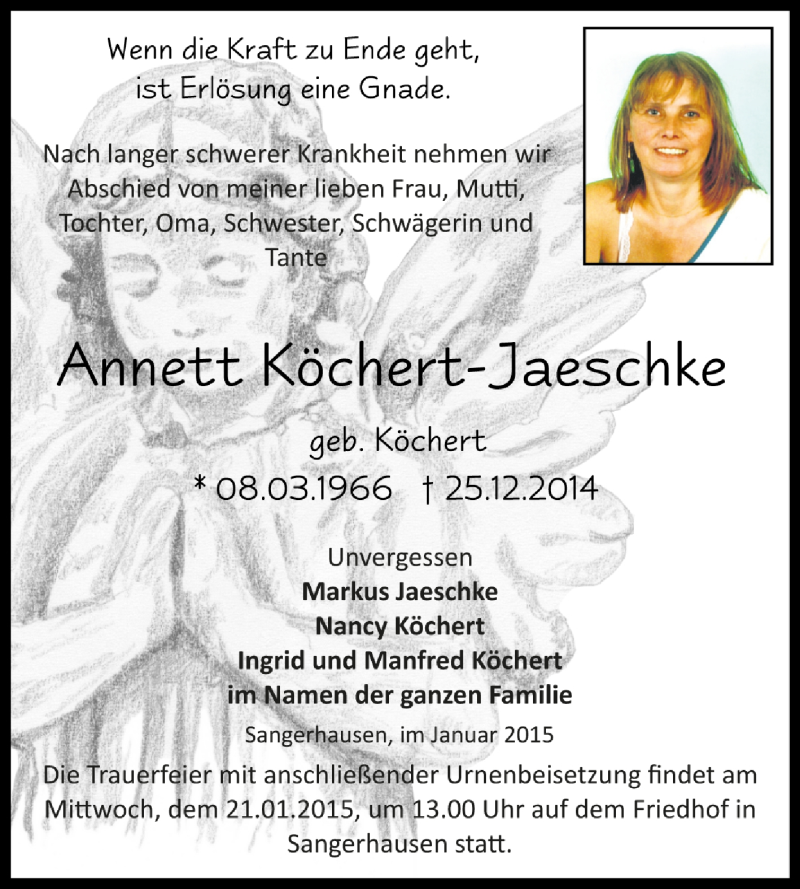  Traueranzeige für Annett Köchert-Jaeschke vom 11.01.2015 aus Super Sonntag SGH Mansf. Land