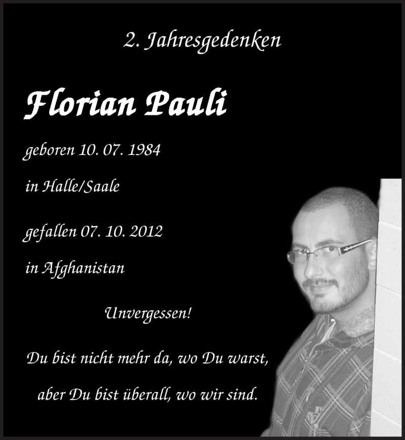  Traueranzeige für Florian Pauli vom 06.10.2012 aus Mitteldeutsche Zeitung Halle/Saalkreis