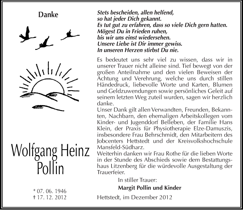  Traueranzeige für Wolfgang Heinz  Pollin vom 12.01.2013 aus Mitteldeutsche Zeitung Mansfelder Land