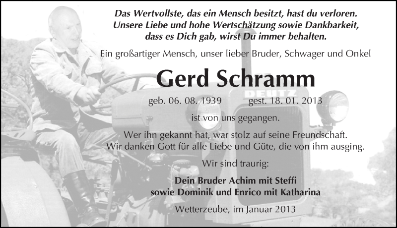  Traueranzeige für Gerd Schramm vom 24.01.2013 aus Mitteldeutsche Zeitung Weißenfels