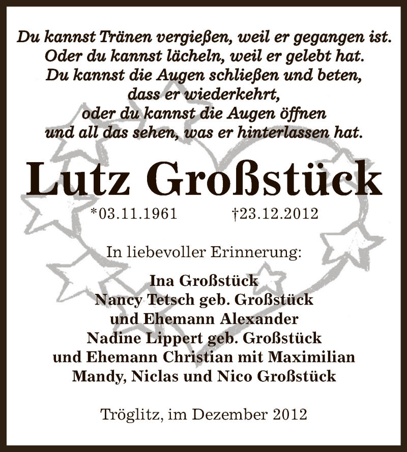  Traueranzeige für Lutz Großstück vom 06.01.2013 aus Mitteldeutsche Zeitung Zeitz