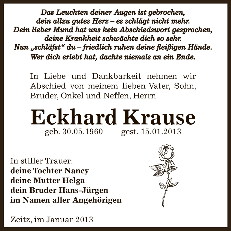  Traueranzeige für Eckhard Krause vom 20.01.2013 aus Mitteldeutsche Zeitung Zeitz