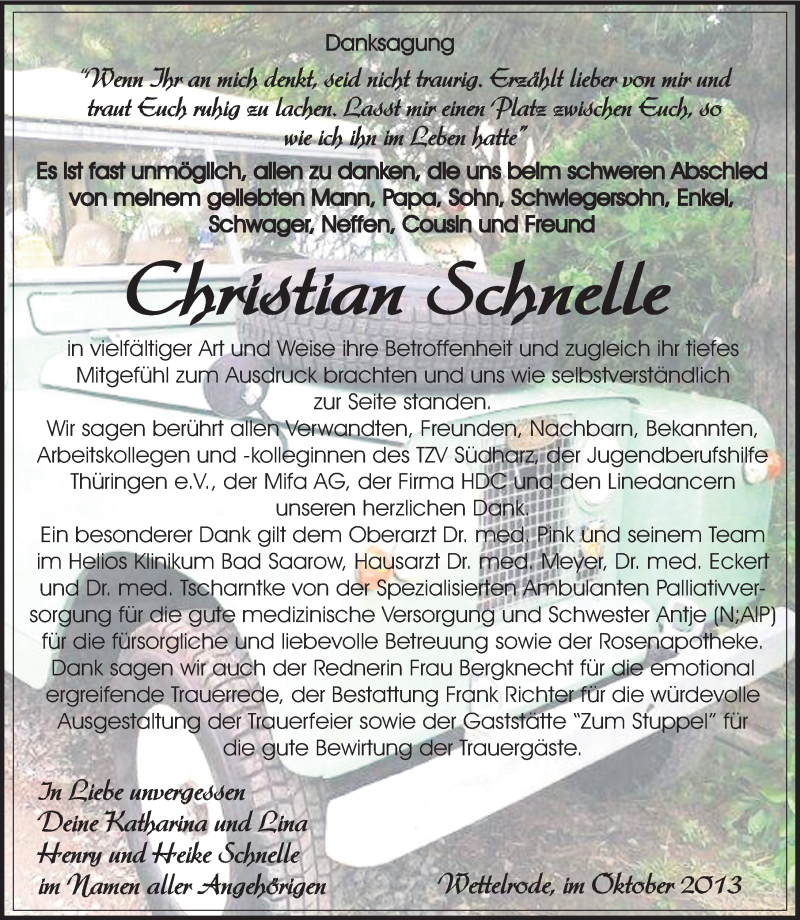  Traueranzeige für Christian Schnelle vom 05.10.2013 aus Mitteldeutsche Zeitung Sangerhausen