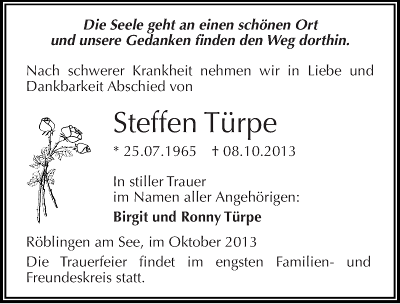  Traueranzeige für Steffen Türpe vom 12.10.2013 aus Mitteldeutsche Zeitung Mansfelder Land
