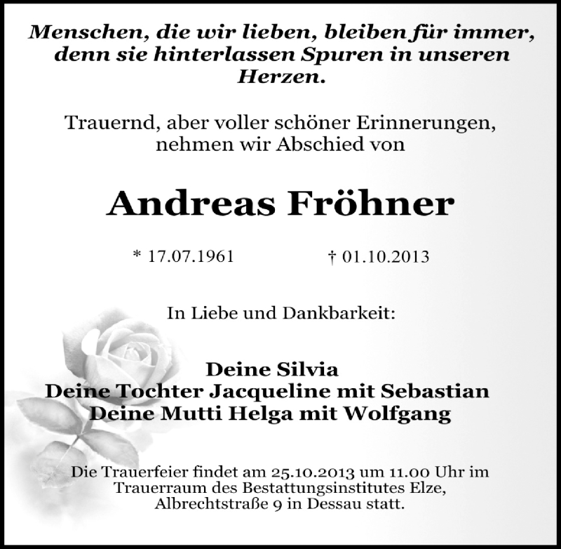  Traueranzeige für Andreas Fröhner vom 12.10.2013 aus Mitteldeutsche Zeitung Dessau-Roßlau