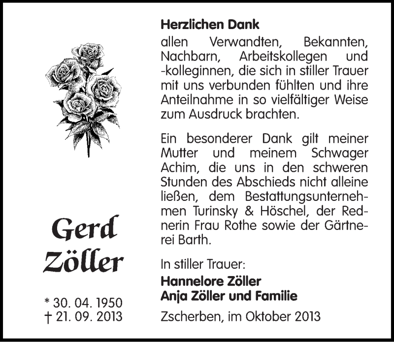  Traueranzeige für Gerd Zöller vom 19.10.2013 aus Mitteldeutsche Zeitung Halle/Saalkreis