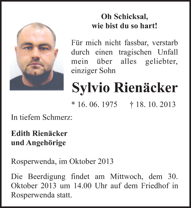  Traueranzeige für Sylvio Rienäcker vom 26.10.2013 aus Mitteldeutsche Zeitung Sangerhausen