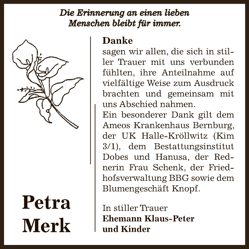  Traueranzeige für Petra Merk vom 13.10.2013 aus Super Sonntag Bernburg