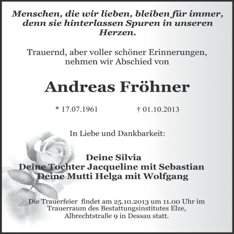  Traueranzeige für Andreas Fröhner vom 16.10.2013 aus Super Sonntag Dessau / Köthen