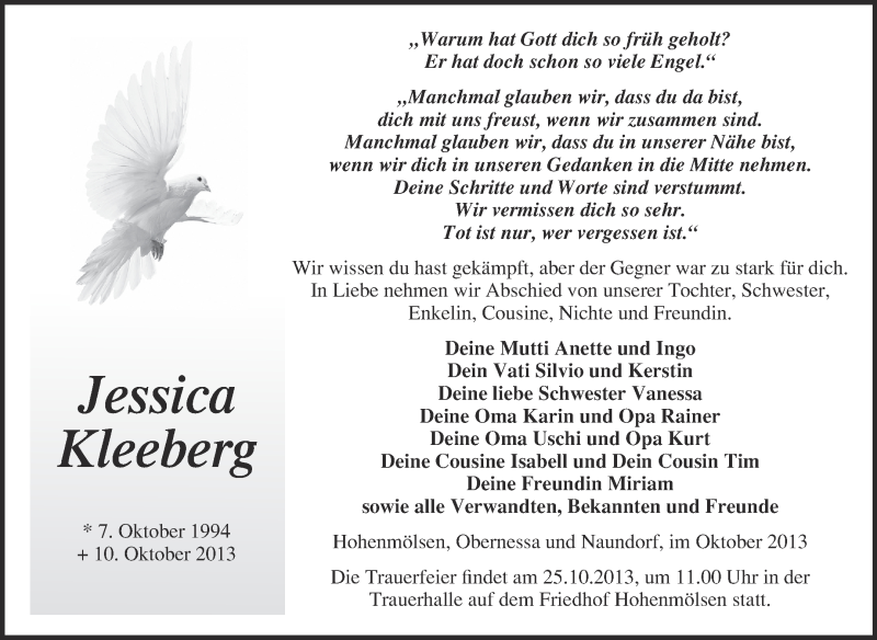 Traueranzeige für Jessica Kleeberg vom 16.10.2013 aus WVG - Wochenspiegel NMB / WSF / ZTZ