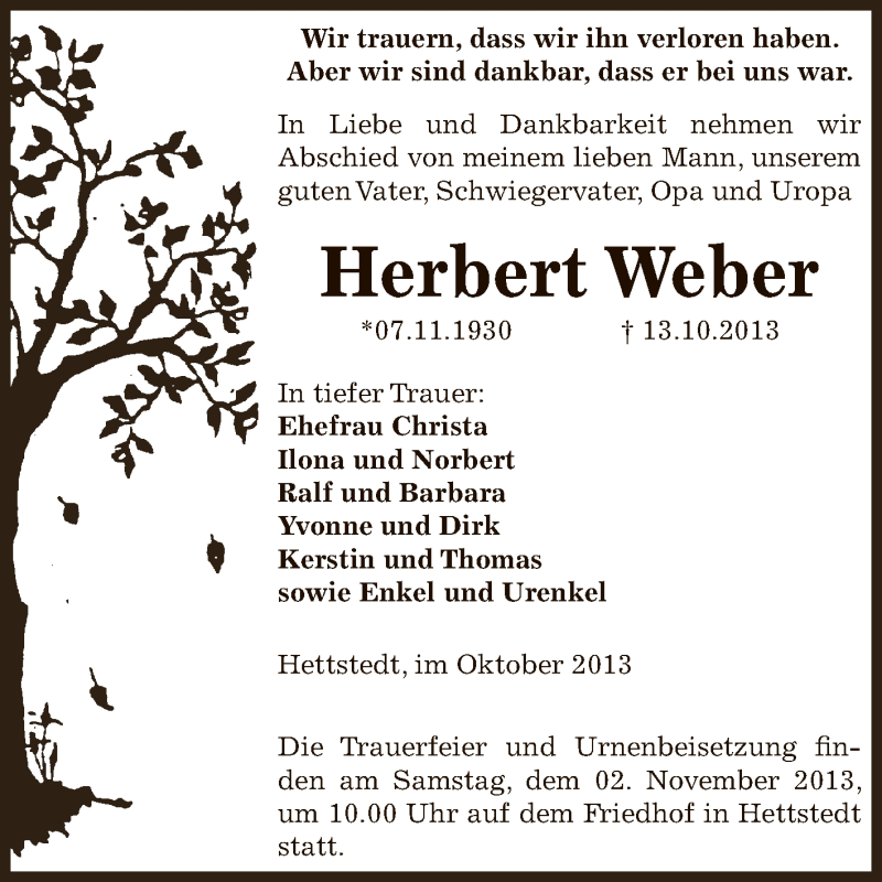  Traueranzeige für Herbert Weber vom 23.10.2013 aus Wochenspiegel Mansfelder Land