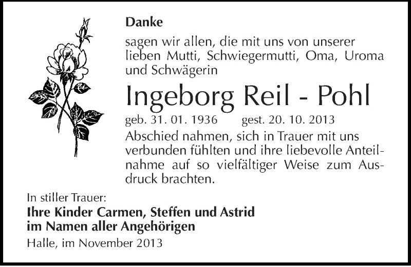  Traueranzeige für Ingeborg Reil-Pohl vom 16.11.2013 aus Mitteldeutsche Zeitung Halle/Saalkreis