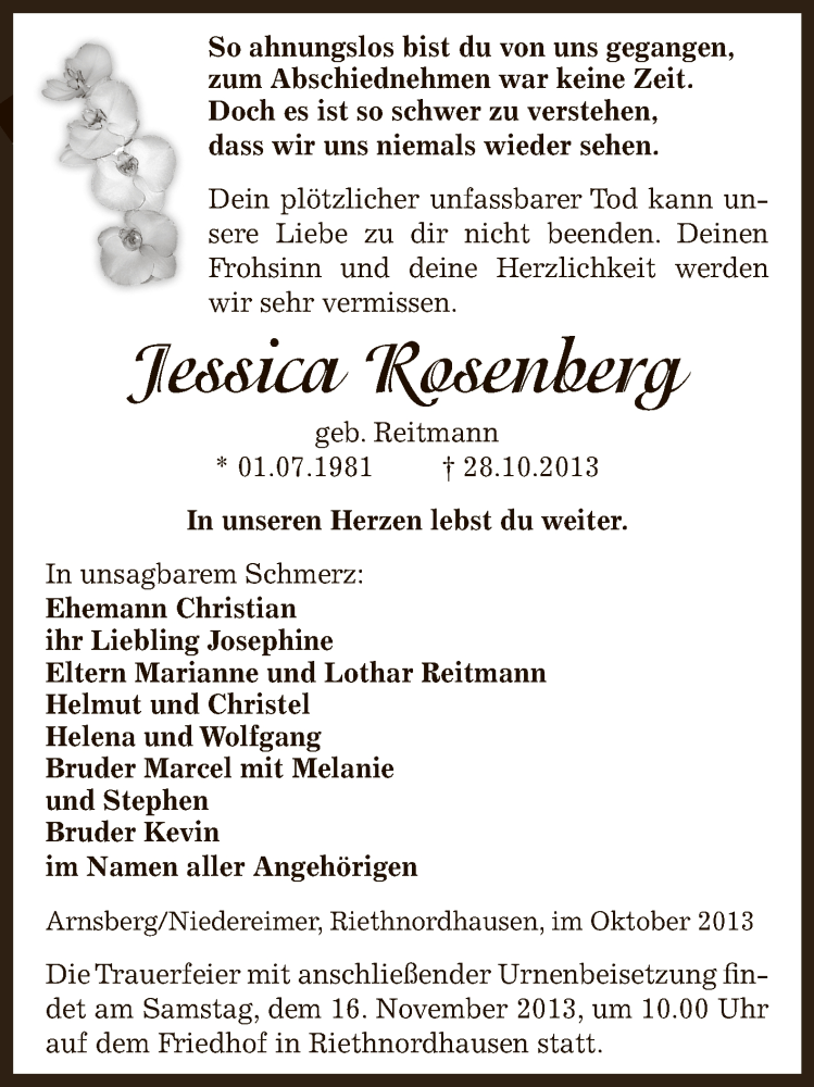  Traueranzeige für Jessica Rosenberg vom 03.11.2013 aus Super Sonntag SGH Mansf. Land
