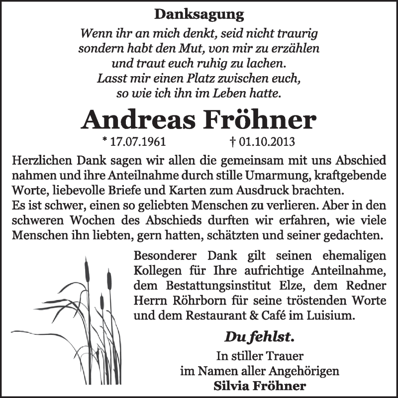  Traueranzeige für Andreas Fröhner vom 13.11.2013 aus Super Sonntag Dessau / Köthen