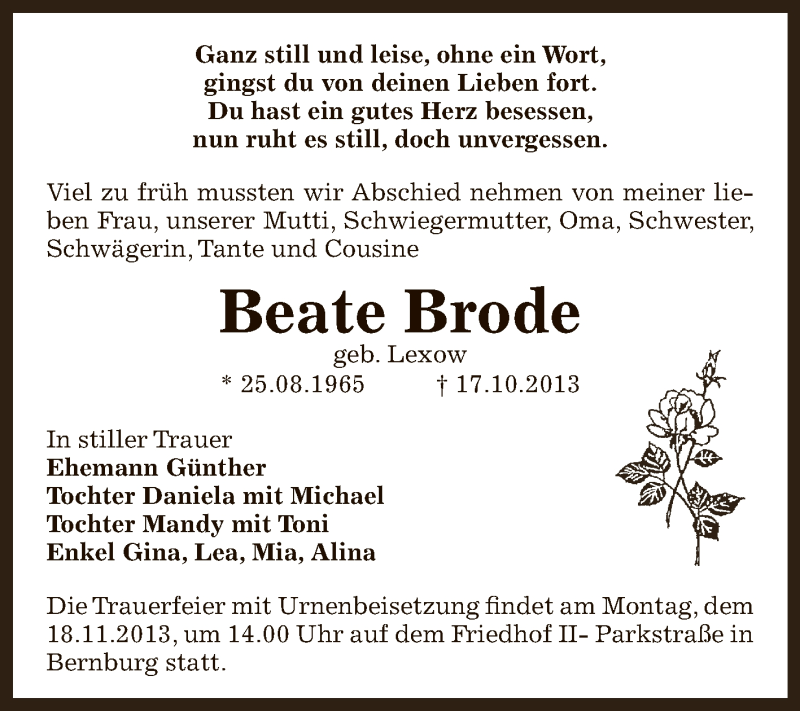  Traueranzeige für Beate Brode vom 17.11.2013 aus Super Sonntag Bernburg