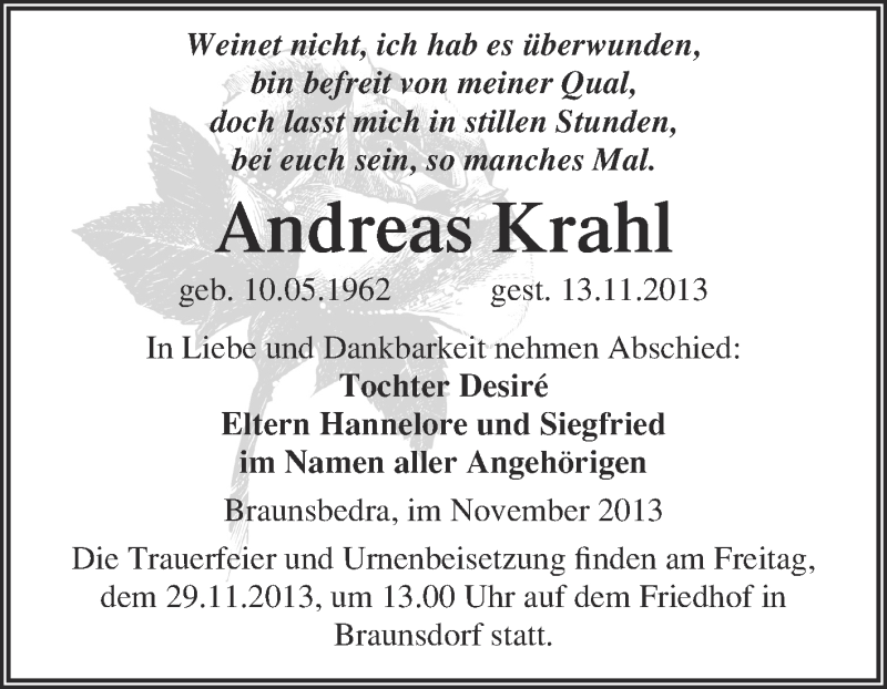  Traueranzeige für Andreas Krahl vom 20.11.2013 aus WVG - Wochenspiegel Merseburg