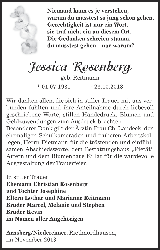  Traueranzeige für Jessica Rosenberg vom 24.11.2013 aus Super Sonntag SGH Mansf. Land